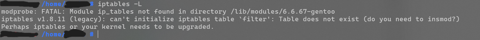 gentoo modprobe: FATAL: Module ip_tables not found in directory /lib/modules/